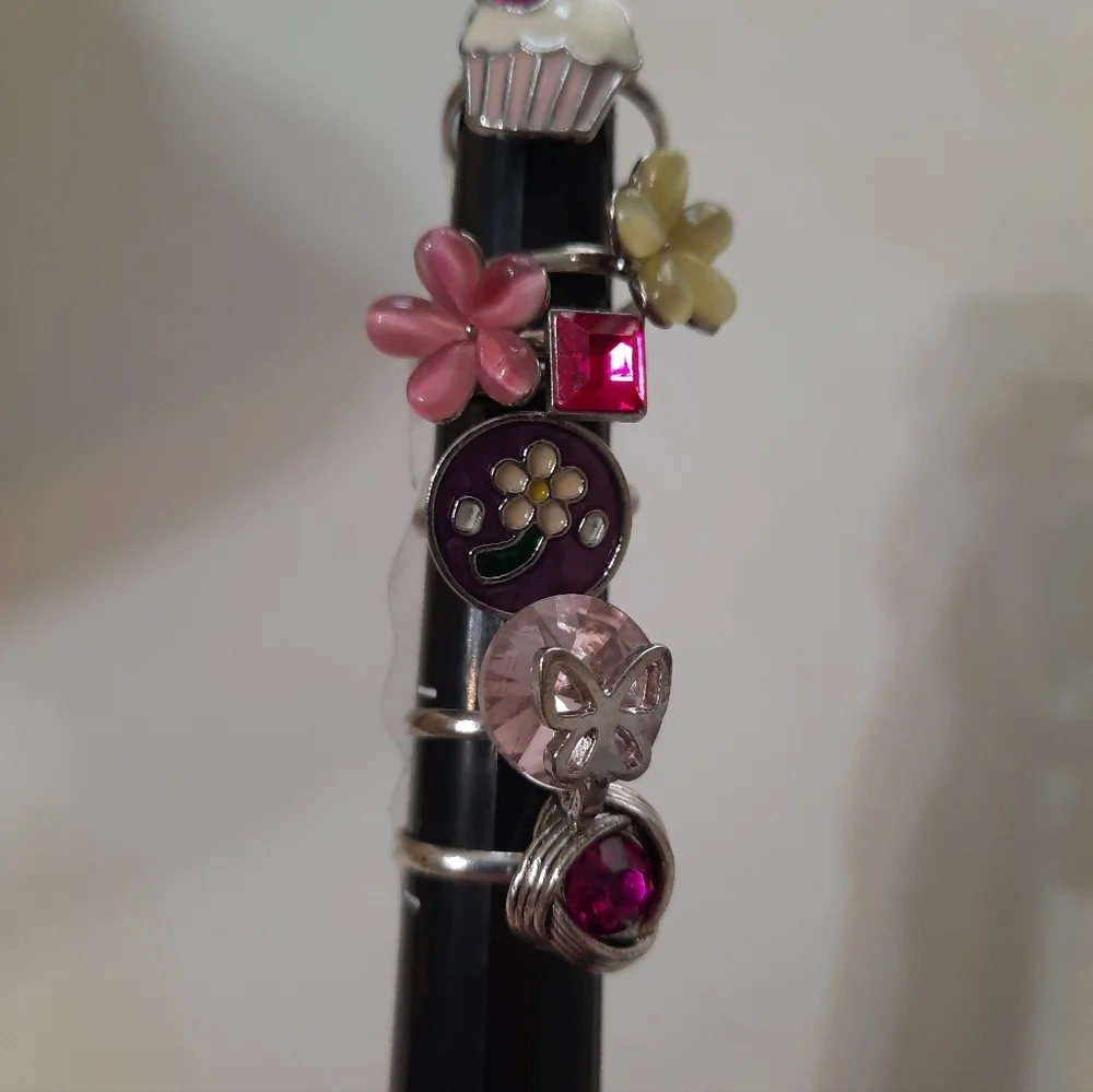 Pappazzi Pink and Yellow Flower Charm Ring Set 9 Kids Adjustable Rings
